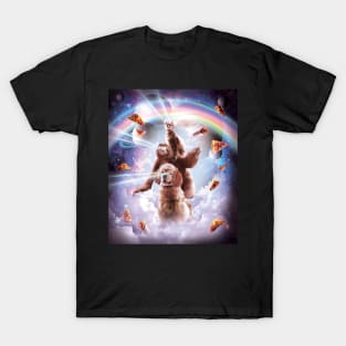 Laser Eyes Space Cat Riding Sloth, Dog - Rainbow T-Shirt